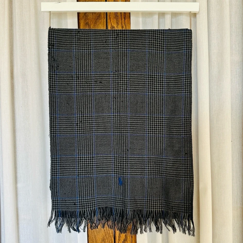 Polo Ralph Lauren Gray Blue Herringbone Plaid Fringed Wool Scarf